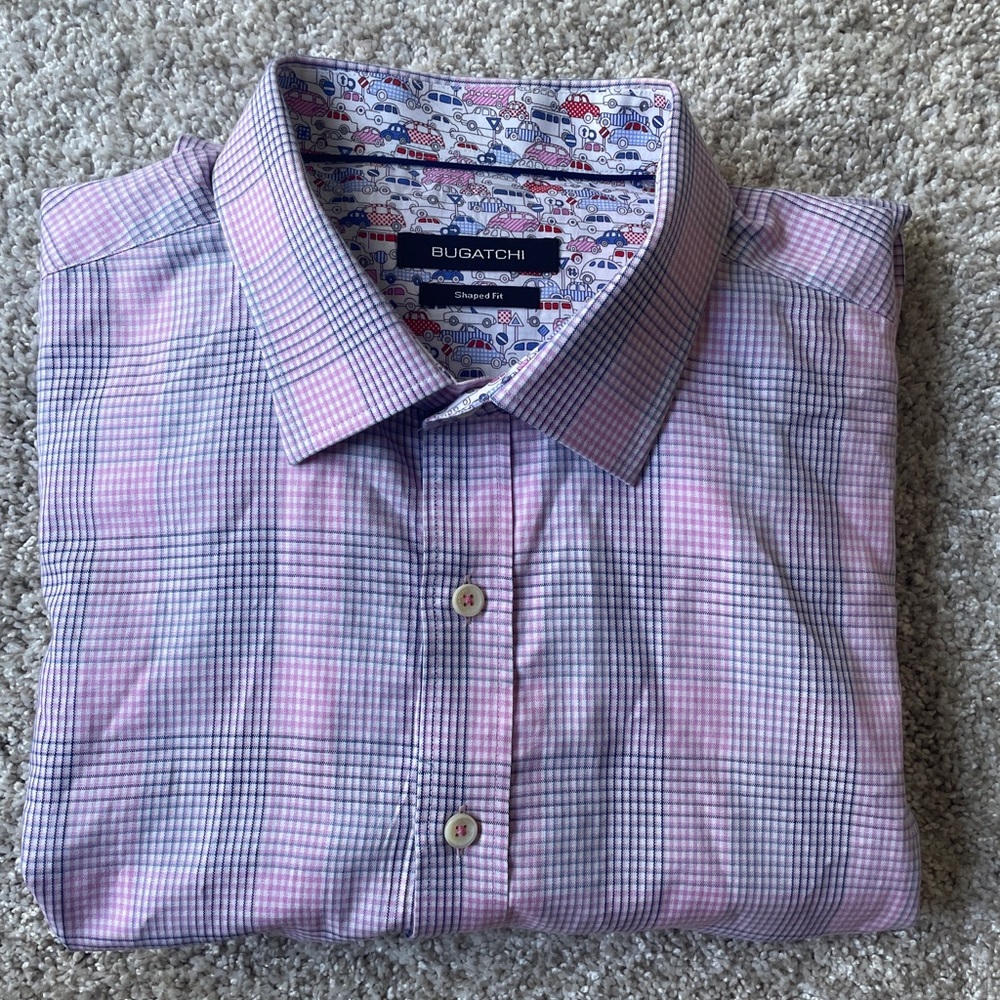 Bugatchi XL Pink Blue Plaid Long Sleeve Button Flip Cuff Shaped Fit Shirt Cars